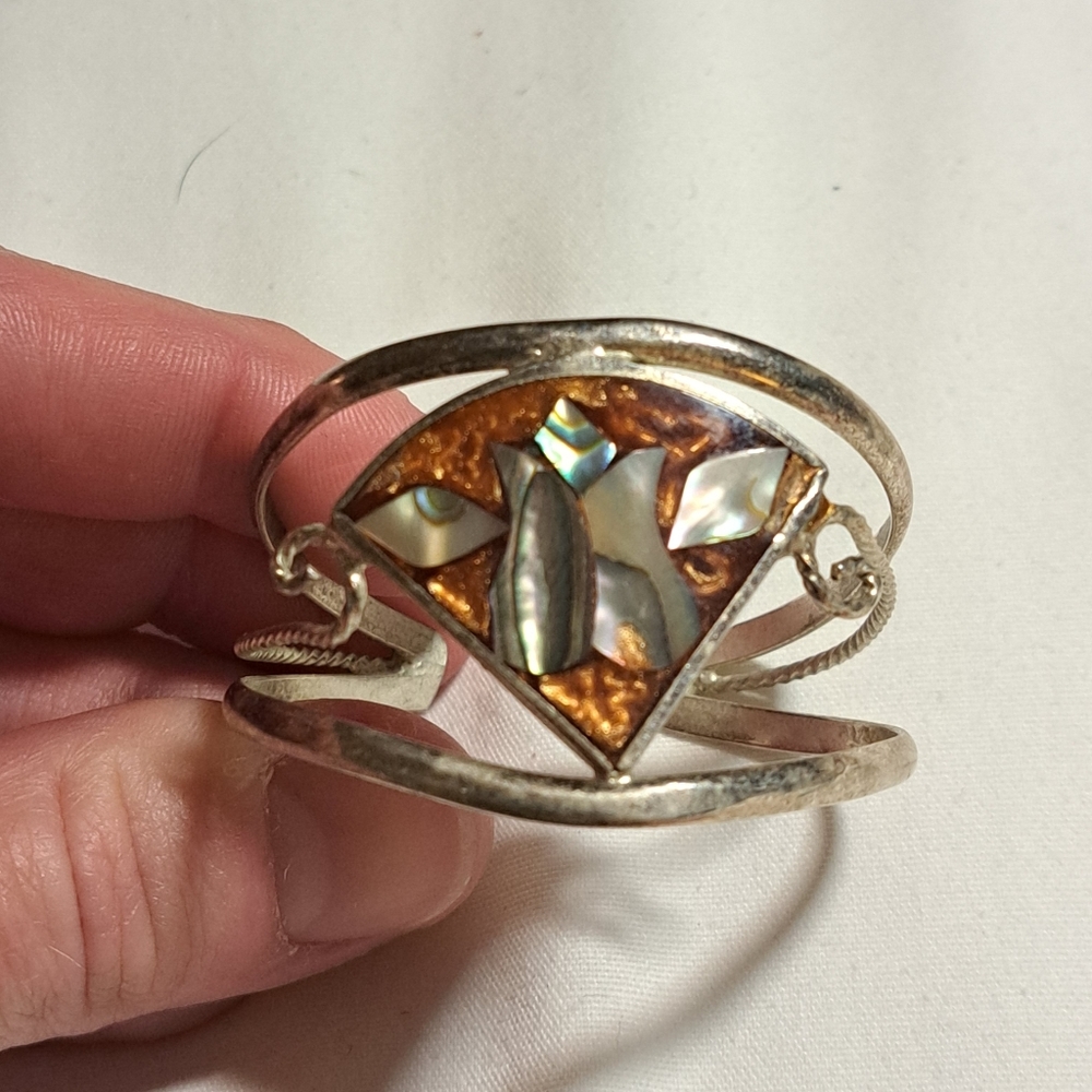 Vinatge Mexico Sailver Mother of Pearl Cuff Bracelet
